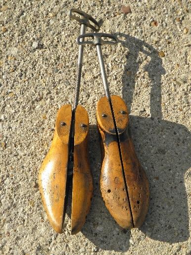 photo of primitive antique wood foot form adjustable iron shoe stretchers lot #7