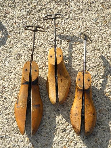 photo of primitive antique wood foot form adjustable iron shoe stretchers lot #8