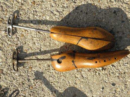 photo of primitive antique wood foot form adjustable iron shoe stretchers lot #9