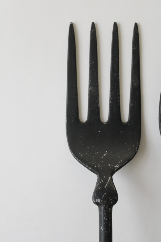 photo of primitive black wrought iron look metal fork & spoon, oversized wall art vintage farmhouse style  #2
