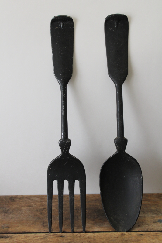 photo of primitive black wrought iron look metal fork & spoon, oversized wall art vintage farmhouse style  #3