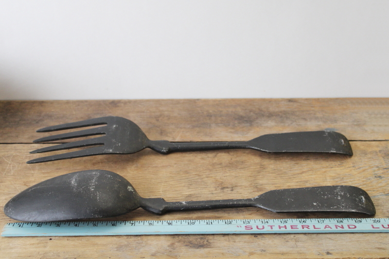 photo of primitive black wrought iron look metal fork & spoon, oversized wall art vintage farmhouse style  #7