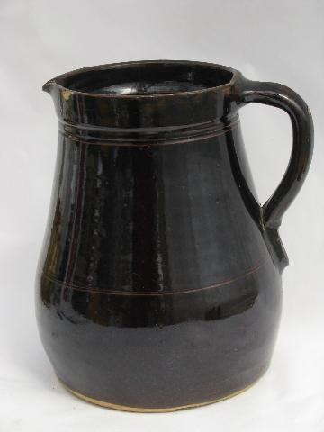 photo of primitive brown glazed stoneware pottery pitcher, civil war vintage #1