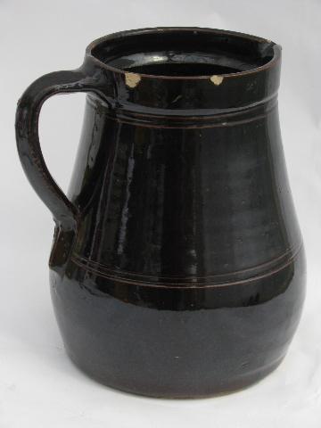 photo of primitive brown glazed stoneware pottery pitcher, civil war vintage #2