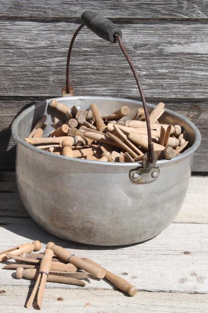 photo of primitive bucket clothespins, 200+ vintage wood clothespins in old jelly kettle #1