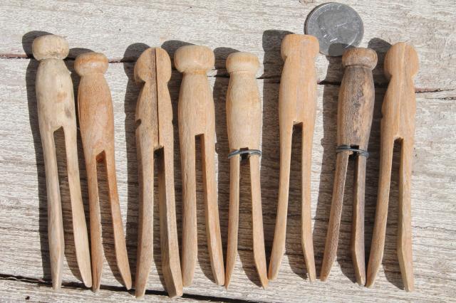 photo of primitive bucket clothespins, 200+ vintage wood clothespins in old jelly kettle #4