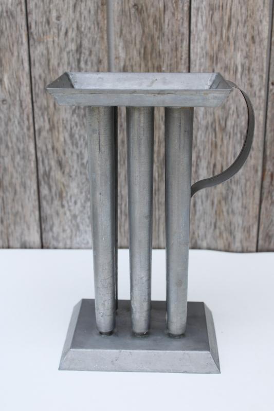 photo of primitive candle mold, zinc metal mold for poured candles, long wax tapers #1