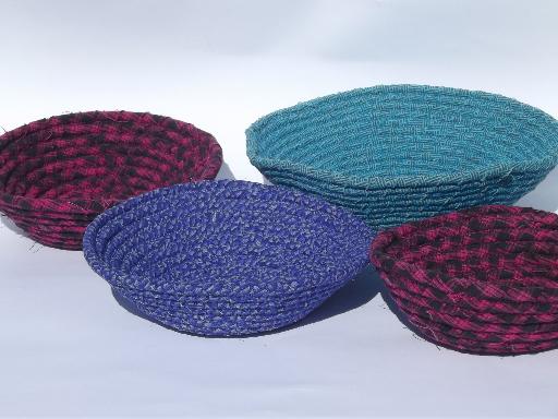 photo of primitive coiled cotton fabric bowls, handmade rag baskets set #1