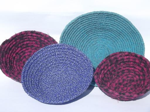 photo of primitive coiled cotton fabric bowls, handmade rag baskets set #2