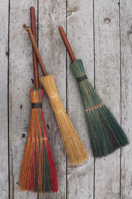 photo of primitive corn broom collection, vintage straw brooms for fall Halloween decoration #2