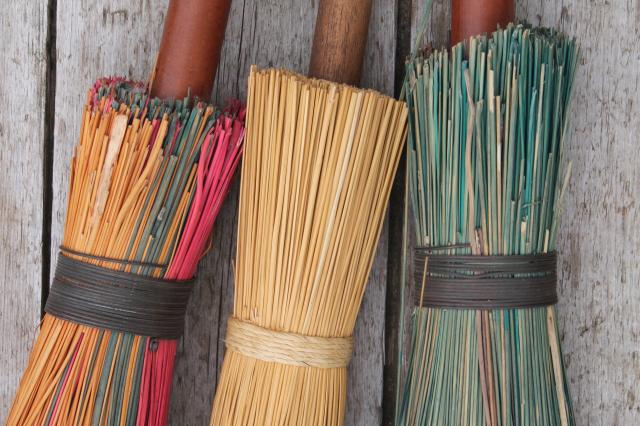 photo of primitive corn broom collection, vintage straw brooms for fall Halloween decoration #5