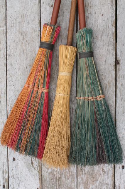 photo of primitive corn broom collection, vintage straw brooms for fall Halloween decoration #6