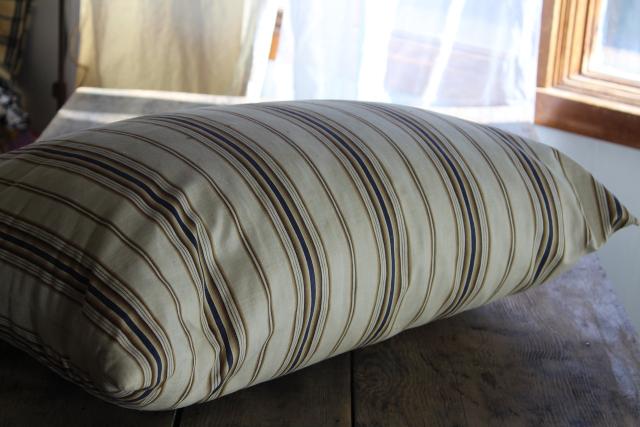 photo of primitive country farmhouse vintage feather pillow, old brown & blue striped cotton ticking #1