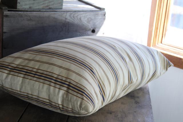 photo of primitive country farmhouse vintage feather pillow, old brown & blue striped cotton ticking #3