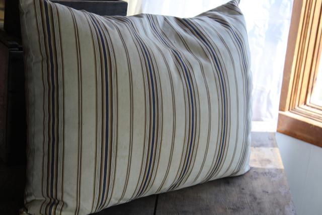 photo of primitive country farmhouse vintage feather pillow, old brown & blue striped cotton ticking #5