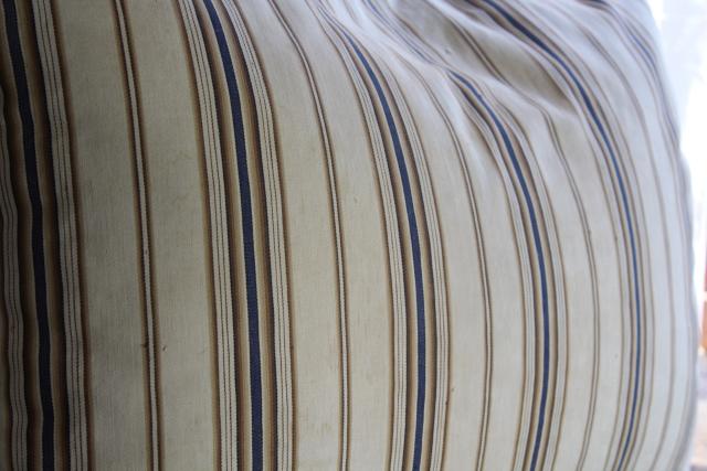 photo of primitive country farmhouse vintage feather pillow, old brown & blue striped cotton ticking #6