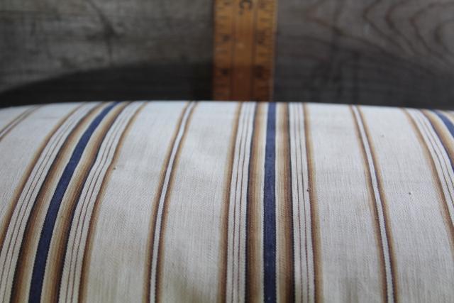 photo of primitive country farmhouse vintage feather pillow, old brown & blue striped cotton ticking #7