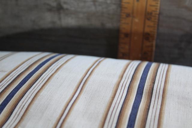 photo of primitive country farmhouse vintage feather pillow, old brown & blue striped cotton ticking #8