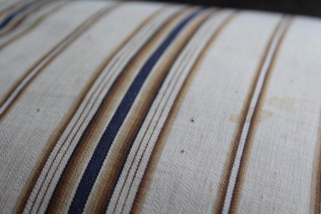 photo of primitive country farmhouse vintage feather pillow, old brown & blue striped cotton ticking #9