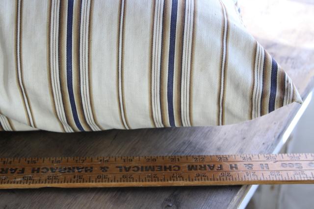 photo of primitive country farmhouse vintage feather pillow, old brown & blue striped cotton ticking #10