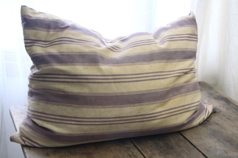 photo of primitive country farmhouse vintage feather pillow, old indigo blue striped cotton ticking #1