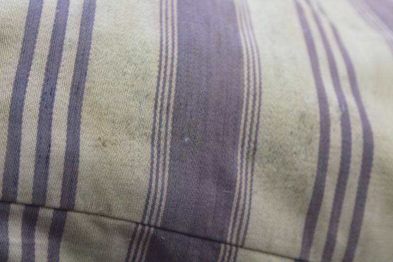 photo of primitive country farmhouse vintage feather pillow, old indigo blue striped cotton ticking #4