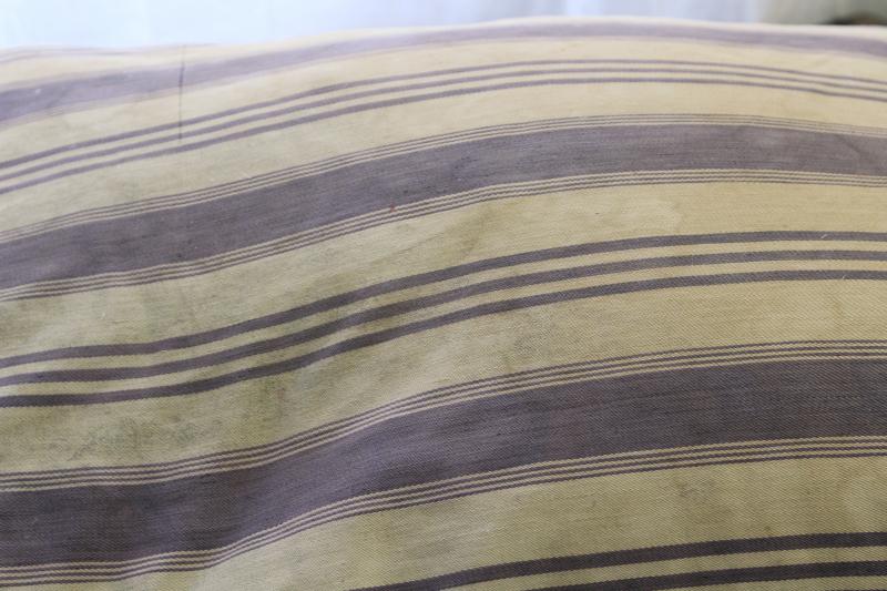 photo of primitive country farmhouse vintage feather pillow, old indigo blue striped cotton ticking #6