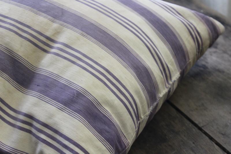 photo of primitive country farmhouse vintage feather pillow, old indigo blue striped cotton ticking #7