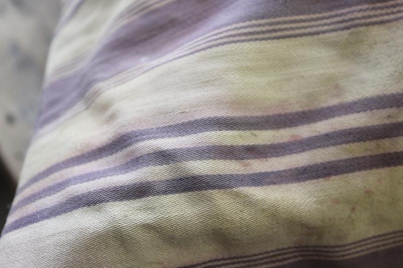 photo of primitive country farmhouse vintage feather pillow, old indigo blue striped cotton ticking #9