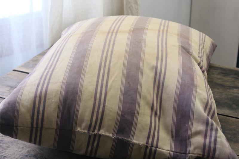 photo of primitive country farmhouse vintage feather pillow, old indigo blue striped cotton ticking #10