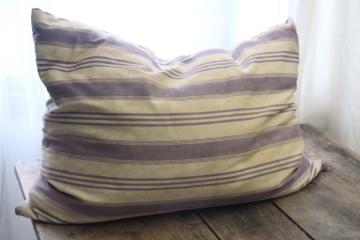 catalog photo of primitive country farmhouse vintage feather pillow, old indigo blue striped cotton ticking