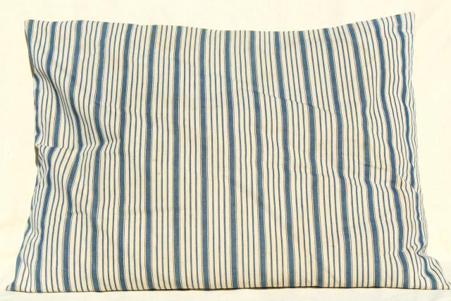 photo of primitive country farmhouse vintage feather pillow, old indigo blue striped cotton ticking #1