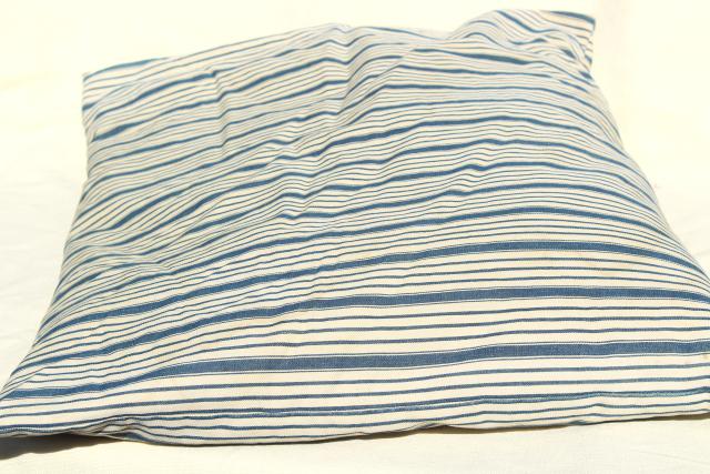 photo of primitive country farmhouse vintage feather pillow, old indigo blue striped cotton ticking #2