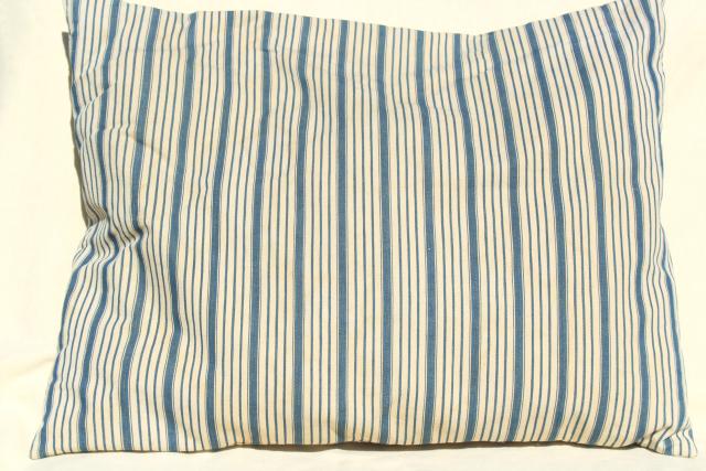 photo of primitive country farmhouse vintage feather pillow, old indigo blue striped cotton ticking #3