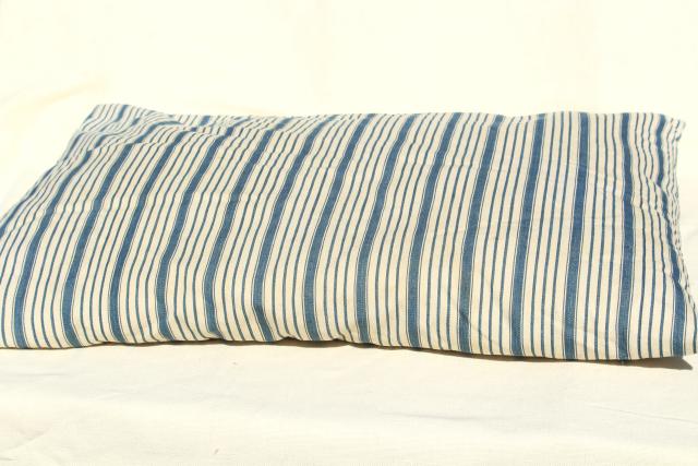 photo of primitive country farmhouse vintage feather pillow, old indigo blue striped cotton ticking #4