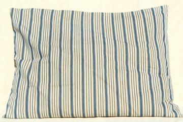 catalog photo of primitive country farmhouse vintage feather pillow, old indigo blue striped cotton ticking