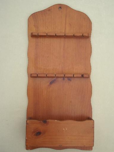 photo of primitive country pine wall box spoon holder, vintage wood spoon rack  #1