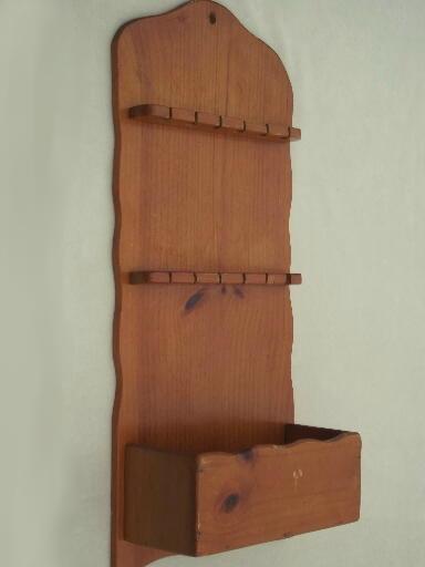 photo of primitive country pine wall box spoon holder, vintage wood spoon rack  #2