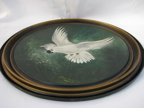 photo of primitive folk art cockatoo bird painting on old round tin lid #3