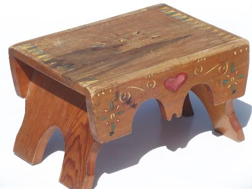 photo of primitive folk art hand-painted wood step stool, worn old wooden bench seat #1