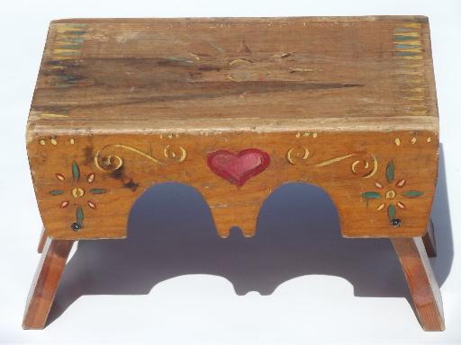 photo of primitive folk art hand-painted wood step stool, worn old wooden bench seat #2