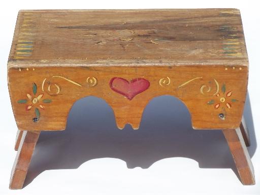 photo of primitive folk art hand-painted wood step stool, worn old wooden bench seat #4