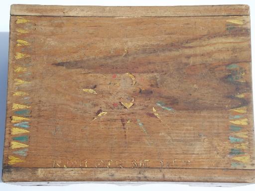 photo of primitive folk art hand-painted wood step stool, worn old wooden bench seat #5