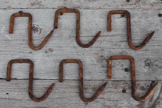 photo of primitive forged iron hook, lot of 6  rusty old iron hooks  #3