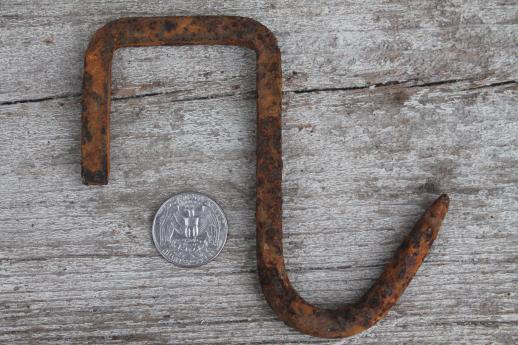 photo of primitive forged iron hook, lot of 6  rusty old iron hooks  #4