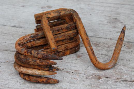 photo of primitive forged iron hook, lot of 6  rusty old iron hooks  #5