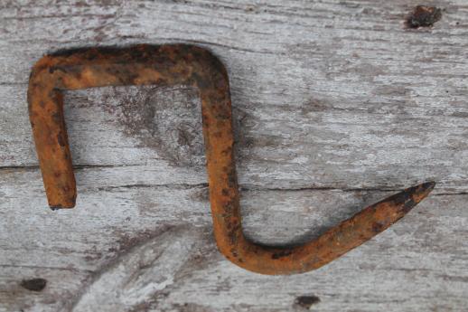 photo of primitive forged iron hook, lot of 6  rusty old iron hooks  #6