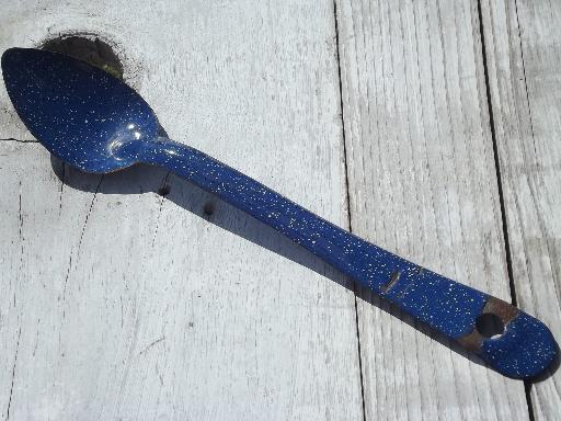 photo of primitive graniteware spatter enamel ware kitchen utensils, spoon and ladles #2