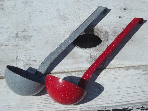 photo of primitive graniteware spatter enamel ware kitchen utensils, spoon and ladles #4