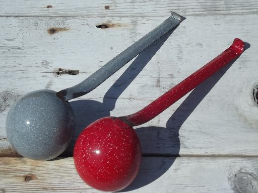 photo of primitive graniteware spatter enamel ware kitchen utensils, spoon and ladles #5